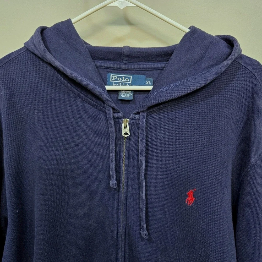 Polo Ralph Lauren Hoodie Mens XL Navy Blue Full Zip Pique Knit Pony Logo Classic